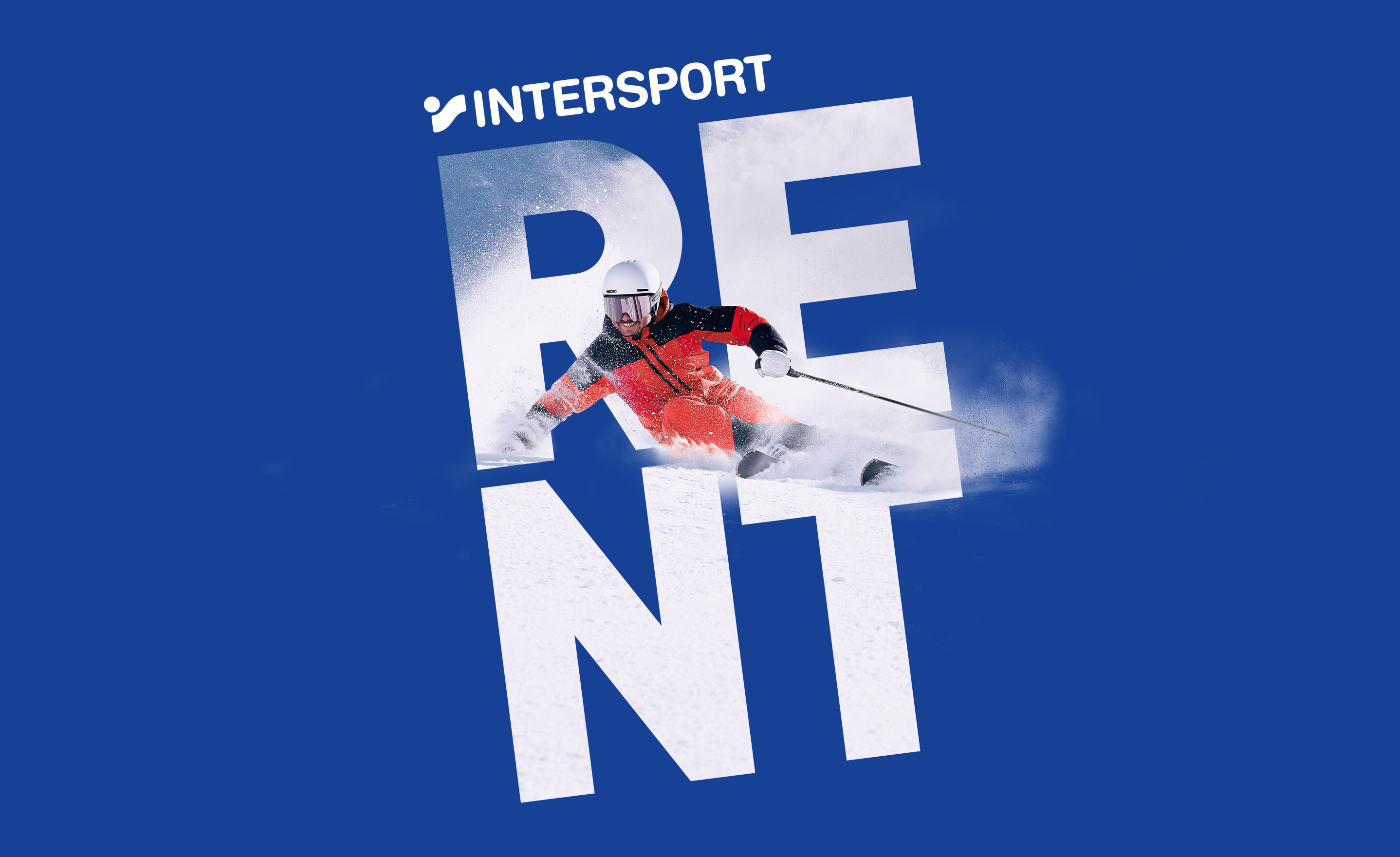 A skier dressed in red and black glides through the snow, cutting through striking white letters that form the word “RENT” on a blue background. The scene conveys speed and excitement.